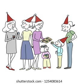Women talking, eating, and drinking in a cozy party with friends. Group of women and children attending family and friends party together. Smiling women and their children having fun in a warm party.