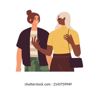Women talking, gesturing. Biracial female couple chatting, speaking. Happy girlfriends communication. Girl friends of different races. Flat vector illustration isolated on white background