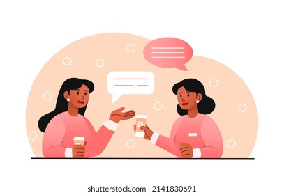 Women Talking On Break. Girls With Cups Of Coffee Or Tea Discuss Latest News. Employees Talk About Project, Colleagues Look For Ideas, Students In Restaurant. Cartoon Flat Vector Illustration