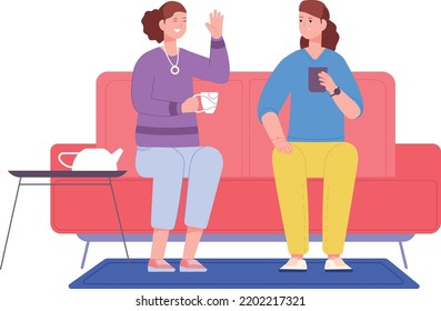 Women Talking On Couch. Friends Drink Coffee At Home Isolated On White Background