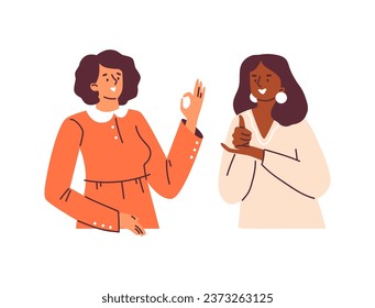 Women are talking on deaf sign language. Deaf-mute international sign language symbols, articulated gesture for conversation deafness people. Hands social communication vector isolated illustration