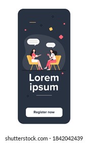 Women talking over cup of coffee. Female friends meeting in coffee shop, chat bubbles flat vector illustration. Friendship, communication concept for banner, website design or landing web page