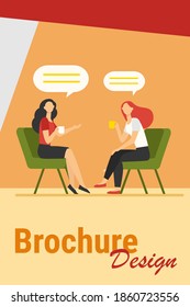 Women talking over cup of coffee. Female friends meeting in coffee shop, chat bubbles flat vector illustration. Friendship, communication concept for banner, website design or landing web page