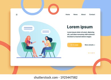 Women talking over cup of coffee. Female friends meeting in coffee shop, chat bubbles flat vector illustration. Friendship, communication concept for banner, website design or landing web page