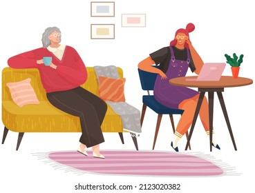 Women are talking together. Grandmother and granddaughter communicating, having conversation at home. Relatives relaxing and spending time together. Girl works with laptop, elderly woman drinks tea