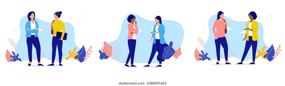 Women talking vector collection - Set of illustration with female characters having conversation and discussion together standing up. Flat design with white background