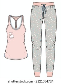 WOMEN TANK AND JOGGERS WITH SHEEP GRAPHIC 
NIGHTWEAR SET IN EDITABLE VECTOR FILE