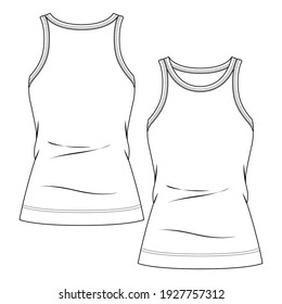 Women Tank Top fashion flat sketch template. Technical Fashion Illustration. Crew Neck and Armholes binding. Rib Knit or Jersey fabrics