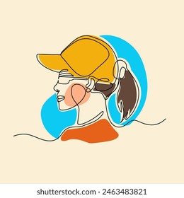 Women with tanktop and hat sporty . Modern minimalist continuous line art portrait. For sport. Beauty model art print. Concept Vector Illustration	