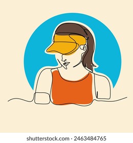 Women with tanktop and hat sporty . Modern minimalist continuous line art portrait. For Business sport. Beauty model art print. Concept Vector Illustration	
