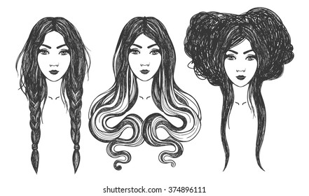 Women. Tattoo art, coloring books. Hand drawn vector illustration Isolated on white background.