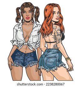 Women with tattoos colorful emblem two stunning millennial girls in denim shorts and bra or knotted shirt vector illustration
