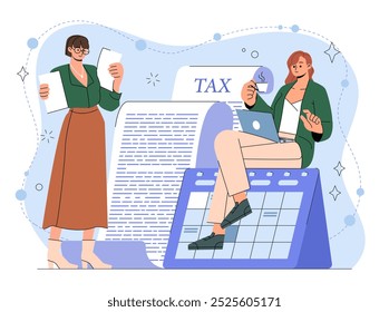 Mujeres con impuestos. Chicas jóvenes con calendario y hoja de impuestos larga. Contabilidad y presupuesto. Garantía y obligación, consulta. Ilustración vectorial plana aislada sobre fondo blanco