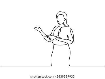 Women teacher giving a lesson in from of the class bring book. Continuous line drawing of business presentation. Business trainer talking