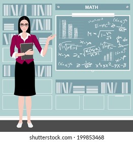 Women Teacher Standing In Front Of Classroom With Education Infographics 