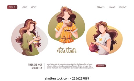 Women With Teacups And Teapot. Tea Shop, Cafe-bar, Tea Lover, Tea Party, Beverages Concept. Vector Illustration For Poster, Banner, Website, Menu, Advertising. 