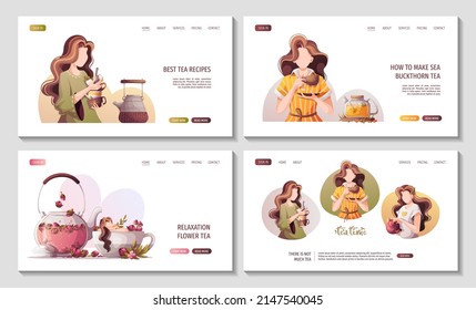 Women with teacups and teapot. Tea shop, cafe-bar, tea lover, tea party, beverages concept. Vector illustration for poster, banner, website, menu, advertising. 