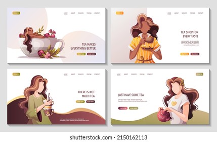 Women with teacups and teapot. Tea shop, cafe-bar, tea lover, tea party, beverages concept. Vector illustration for poster, banner, website, menu, advertising. 