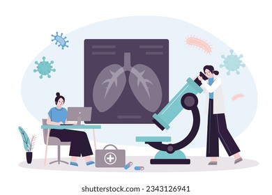 Women team makes check of lungs and respiratory system. Search for harmful bacteria, germs and pathogens. Female doctors pulmonologist uses computer, microscope and examines, analyzes lungs. vector