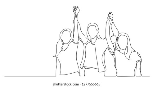 women team winners holding hands    one line drawing