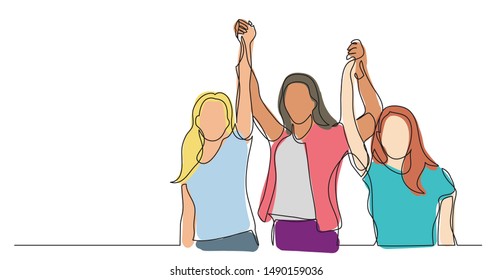 women team of winners holding hands - one line drawing