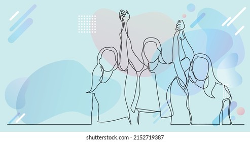 women team of winners holding hands - one line drawing