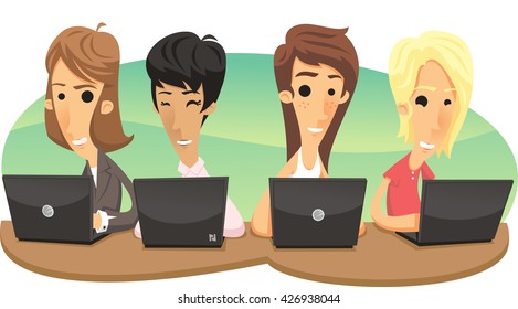 women team working on computer cartoon illustration