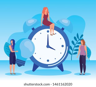 women teamwork with bulb idea and clock