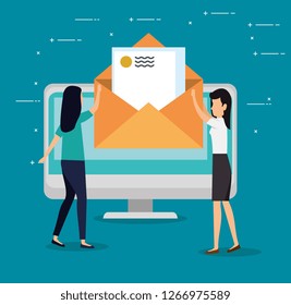 women teamwork with computer letter message