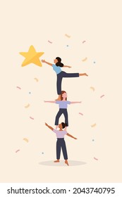 Women teamwork, good collaboration, strong partnership can help create strength to reach goal and target, women colleague do pyramid acrobat to support others to reach star, prize and win competition.