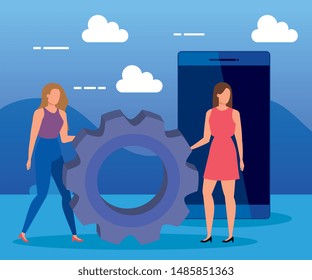 women teamwork with smartphone technology and gear