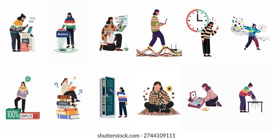 Women in Tech: Illustrative Scenes of Coding, Data Management, Problem Solving, and Digital Innovation