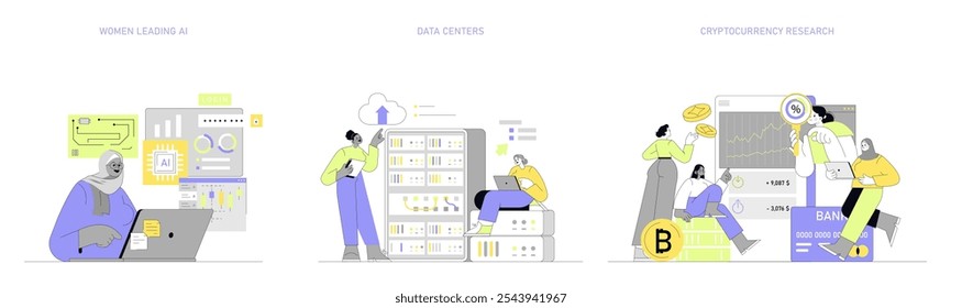 Women in Tech set. Diversity in AI leadership, cloud computing, and cryptocurrency research. Pioneering roles in tech industry. Vector illustration.