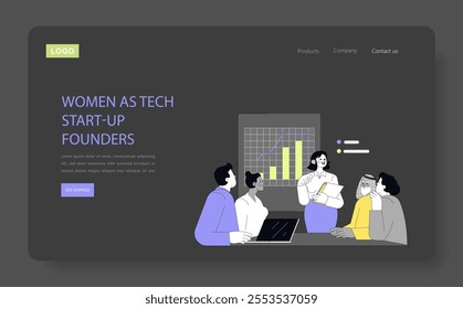 Women in Tech Start-up Founders concept. A female entrepreneur pitches to diverse team members with data charts. Innovation, leadership, and teamwork in tech. Vector illustration.