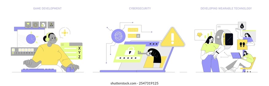 Women in tech vector illustration set. Female professionals in game development, cybersecurity, and wearable technology. Creativity, security, and innovation themes. Vector illustration.