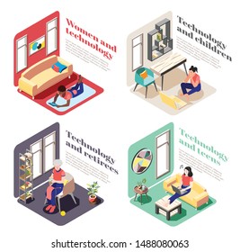 Women and technology 2x2 design concept set with female characters of different age using gadgets in everyday life isometric vector illustration