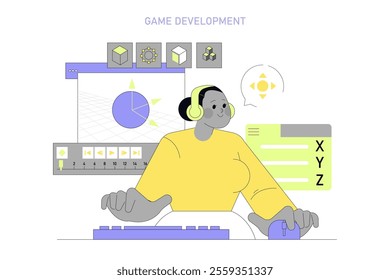 Women in Technology concept. Female game developer working on computer graphics, showcasing diversity in tech fields. Vector illustration.