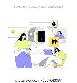 Women In Technology concept. Female professionals developing wearable tech with advanced features. Innovation, teamwork, and women empowerment. Vector illustration.