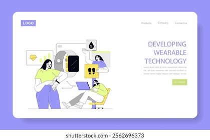 Women in Technology concept. Female professionals engage with wearable tech devices on a website interface. Innovation, smart gadgets, and tech industry careers. Vector illustration.