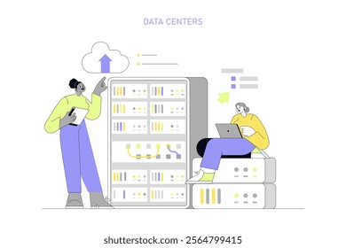 Women in technology concept. Female professionals manage cloud services at data centers. IT industry career for diversity and empowerment. Vector illustration.