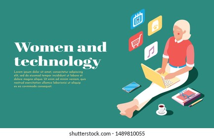 Women and technology isometric banner with female person using laptop for online shopping vector illustration
