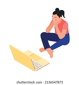 Women and technology isometric composition with character of meditative girl sitting on floor with laptop vector illustration