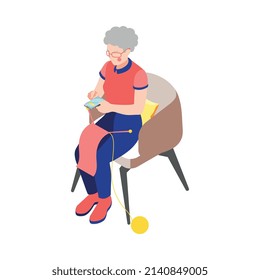 Women and technology isometric composition with character of elderly woman holding knitted handicraft and smartphone vector illustration