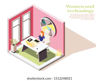 Women and technology isometric composition with young girl at workplace in office interior vector illustration