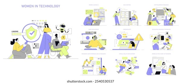 Conjunto de Mulheres em Tecnologia. Várias profissionais do sexo feminino em funções tecnológicas, desde liderança em IA até segurança cibernética. Inovação em vários campos ilustrada. Ilustração vetorial.