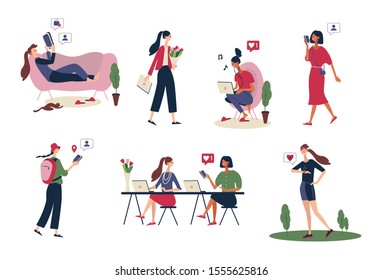 Women and technology set of female characters with smartphones and other gadgets isolated vector illustration.