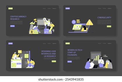 Women in Technology set. Web templates showcasing diversity in tech with scenes of research, cybersecurity, UX design, and start-ups. Vector illustration.