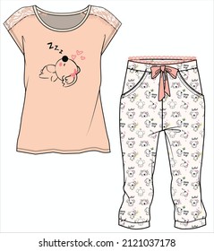 WOMEN TEE AND CAPRI JOGGERS WITH KOALA GRAPHIC NIGHTWEAR SET IN EDITABLE VECTOR FILE