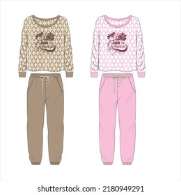 WOMEN TEE AND JOGGERS WITH SHEEP GRAPHIC NIGHTWEAR SET IN EDITABLE VECTOR FILE