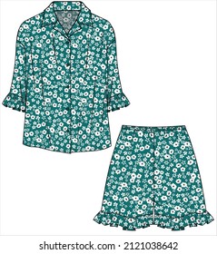 WOMEN AND TEEN GIRLS NOTCH COLLAR TOP AND SHORTS NIGHTWEAR SET IN EDITABLE VECTOR FILE